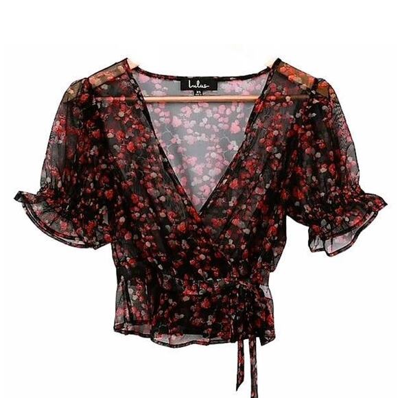 LULUS Signature Style Black Floral Print Sheer Ruffled Wrap Top ~ Womens Size XS - Picture 5 of 7
